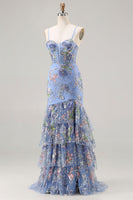 Load image into Gallery viewer, Sparkly Floral Blue Mermaid Ruffled Long Corset Prom Dress with Slit