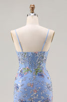 Load image into Gallery viewer, Sparkly Floral Blue Mermaid Ruffled Long Corset Prom Dress with Slit