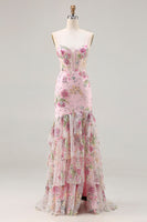 Load image into Gallery viewer, Sparkly Pink Floral Beaded Mermaid Long Corset Prom Dress with Ruffles