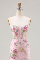 Load image into Gallery viewer, Sparkly Pink Floral Beaded Mermaid Long Corset Prom Dress with Ruffles