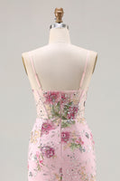 Load image into Gallery viewer, Sparkly Pink Floral Beaded Mermaid Long Corset Prom Dress with Ruffles