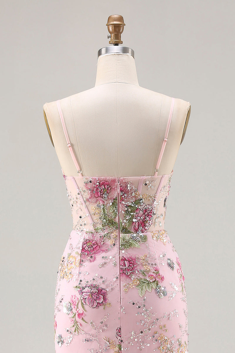 Load image into Gallery viewer, Sparkly Pink Floral Beaded Mermaid Long Corset Prom Dress with Ruffles