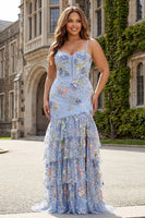 Load image into Gallery viewer, Sparkly Plus Size Pink Beaded Floral Mermaid Long Corset Prom Dress with Ruffles