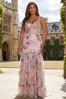 Load image into Gallery viewer, Sparkly Plus Size Pink Beaded Floral Mermaid Long Corset Prom Dress with Ruffles