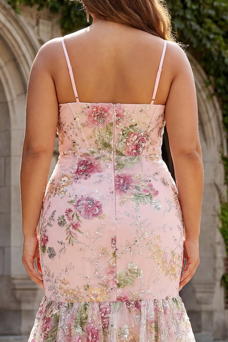 Load image into Gallery viewer, Sparkly Plus Size Pink Beaded Floral Mermaid Long Corset Prom Dress with Ruffles