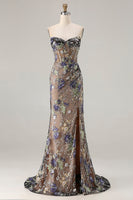 Load image into Gallery viewer, Sparkly Floral Pink Beaded Mermaid Long Corset Prom Dress with Slit