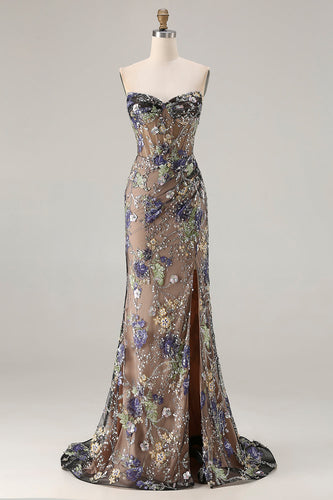 Sparkly Floral Black Beaded Long Mermaid Corset Prom Dress with Slit