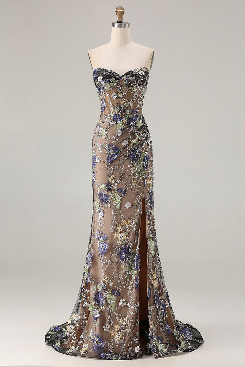 Load image into Gallery viewer, Sparkly Floral Black Beaded Long Mermaid Corset Prom Dress with Slit