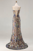 Load image into Gallery viewer, Sparkly Floral Black Beaded Long Mermaid Corset Prom Dress with Slit