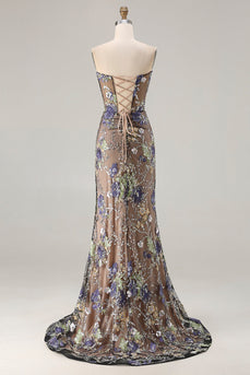 Sparkly Floral Black Beaded Long Mermaid Corset Prom Dress with Slit