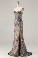 Load image into Gallery viewer, Sparkly Floral Pink Beaded Mermaid Long Corset Prom Dress with Slit