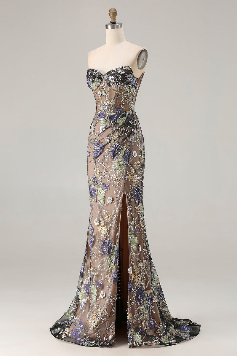 Load image into Gallery viewer, Sparkly Floral Pink Beaded Mermaid Long Corset Prom Dress with Slit