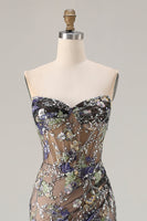 Load image into Gallery viewer, Sparkly Floral Black Beaded Long Mermaid Corset Prom Dress with Slit