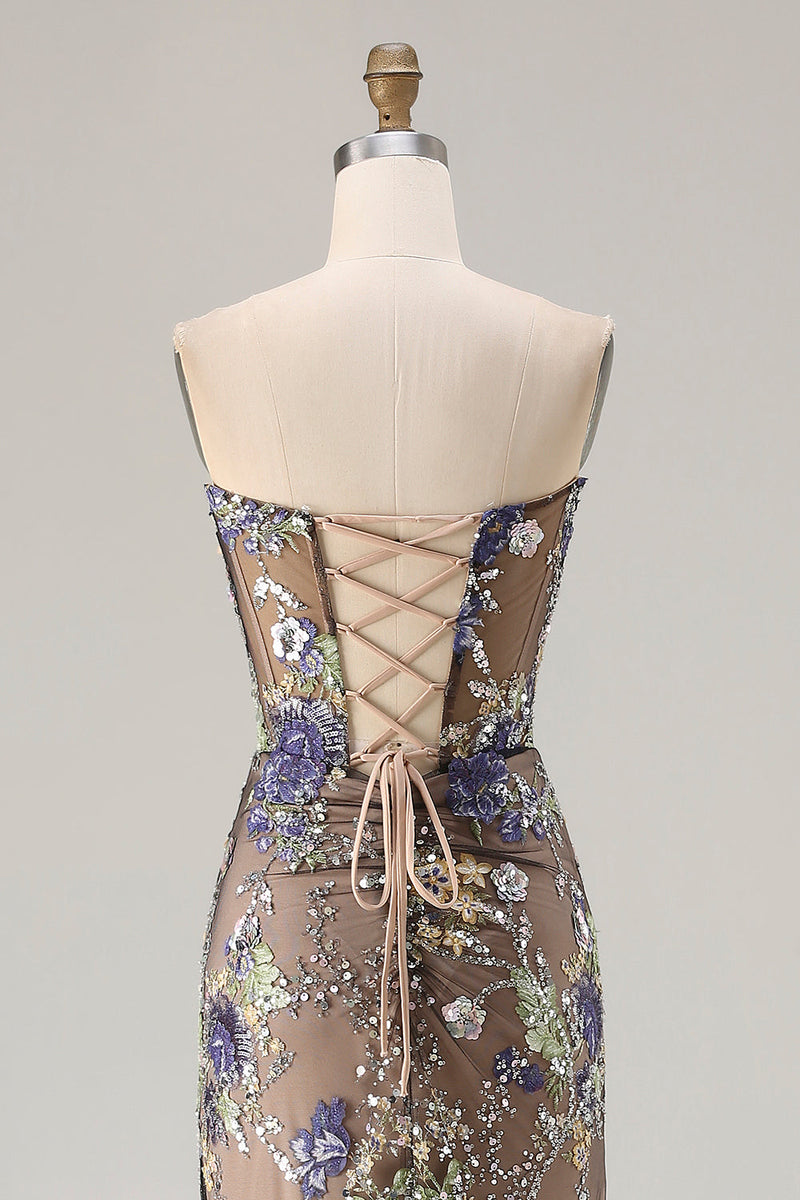 Load image into Gallery viewer, Sparkly Floral Pink Beaded Mermaid Long Corset Prom Dress with Slit