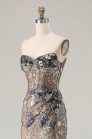 Load image into Gallery viewer, Sparkly Floral Black Beaded Long Mermaid Corset Prom Dress with Slit