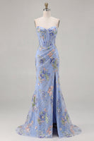 Load image into Gallery viewer, Sparkly Floral Pink Beaded Mermaid Long Corset Prom Dress with Slit
