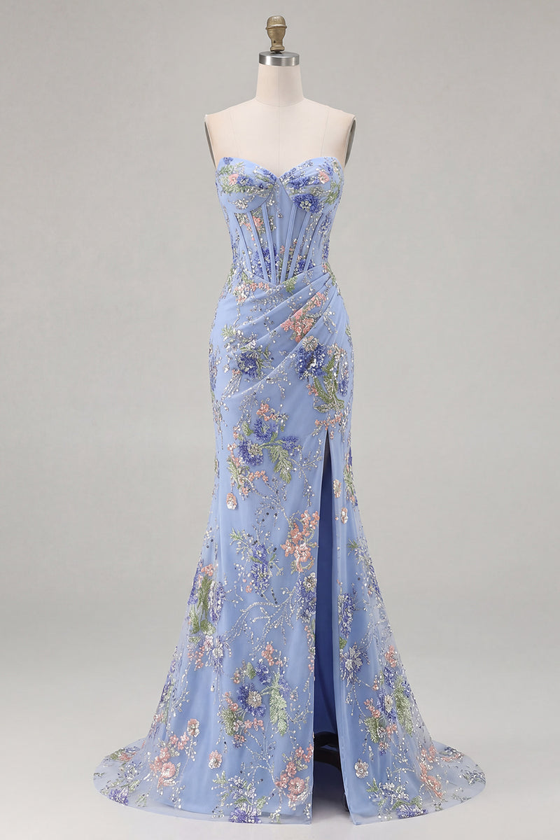 Load image into Gallery viewer, Sparkly Floral Pink Beaded Mermaid Long Corset Prom Dress with Slit