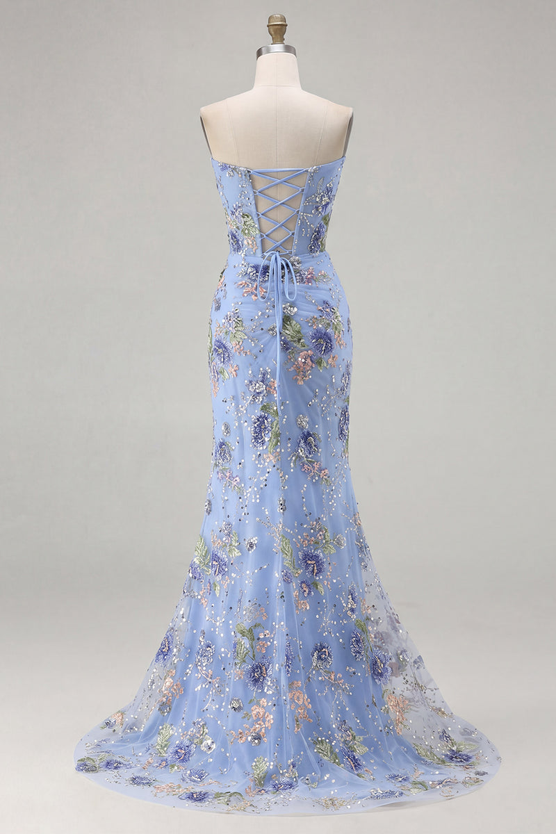 Load image into Gallery viewer, Sparkly Floral Pink Beaded Mermaid Long Corset Prom Dress with Slit