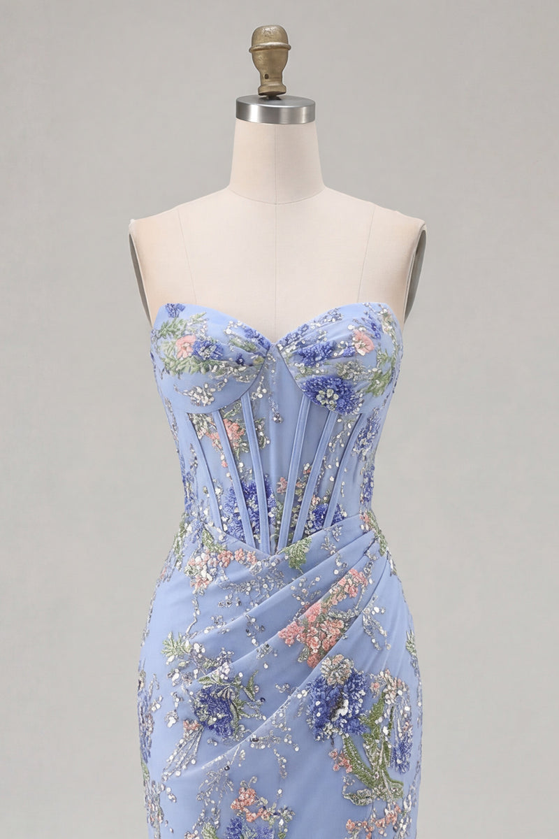 Load image into Gallery viewer, Sparkly Floral Pink Beaded Mermaid Long Corset Prom Dress with Slit