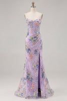 Load image into Gallery viewer, Sparkly Floral Pink Beaded Mermaid Long Corset Prom Dress with Slit