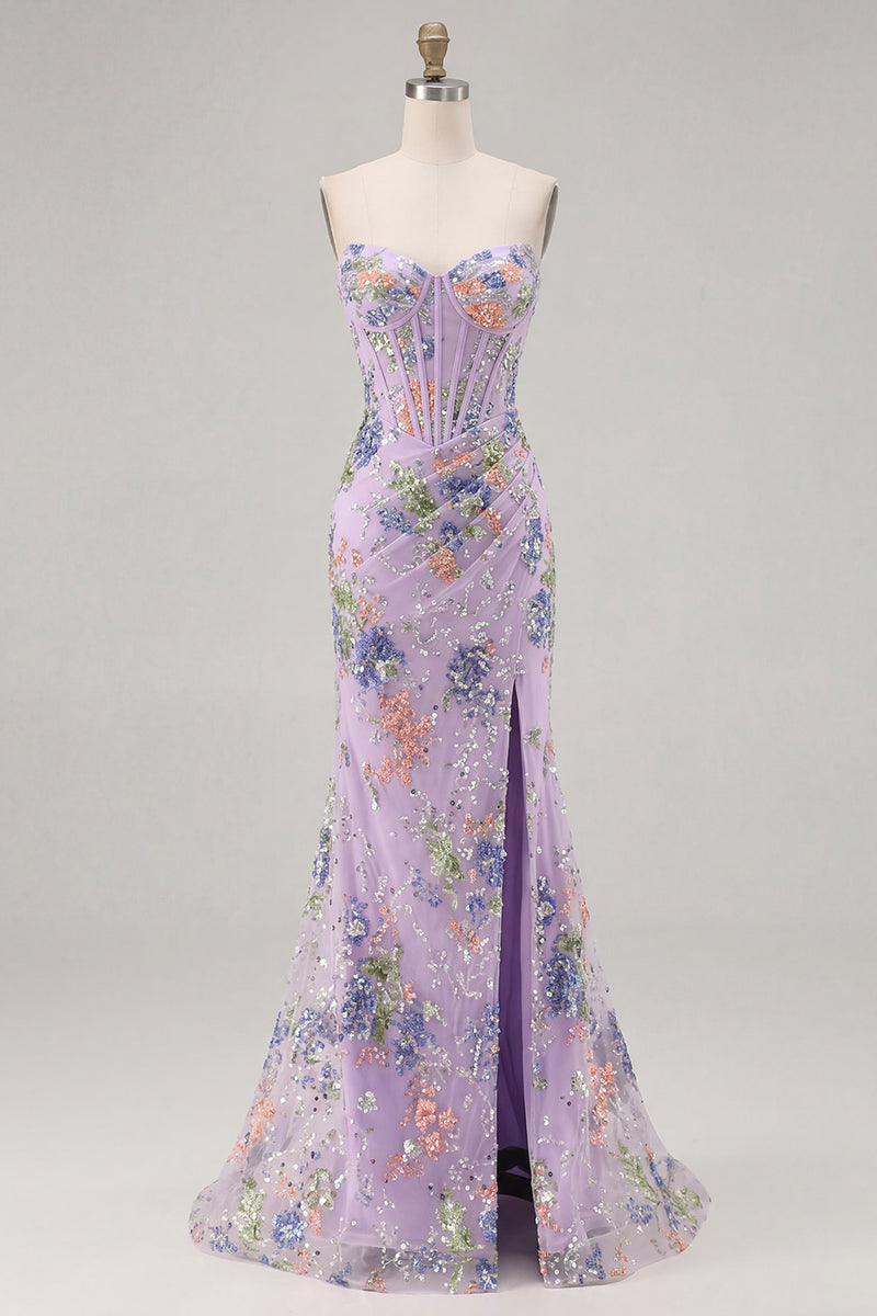 Load image into Gallery viewer, Sparkly Floral Pink Beaded Mermaid Long Corset Prom Dress with Slit