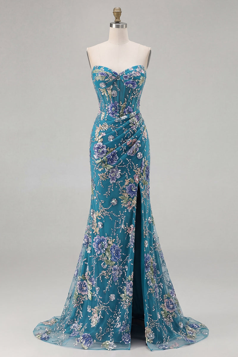 Load image into Gallery viewer, Sparkly Floral Pink Beaded Mermaid Long Corset Prom Dress with Slit