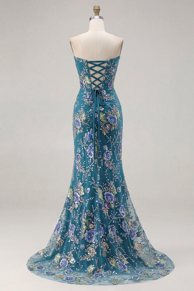 Load image into Gallery viewer, Sparkly Floral Pink Beaded Mermaid Long Corset Prom Dress with Slit