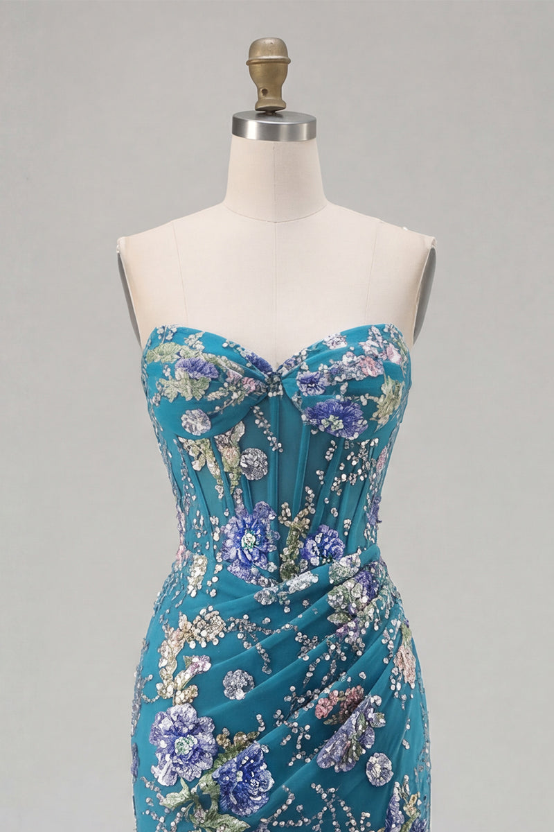 Load image into Gallery viewer, Sparkly Floral Pink Beaded Mermaid Long Corset Prom Dress with Slit