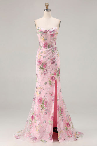 Sparkly Floral Pink Beaded Mermaid Long Corset Prom Dress with Slit
