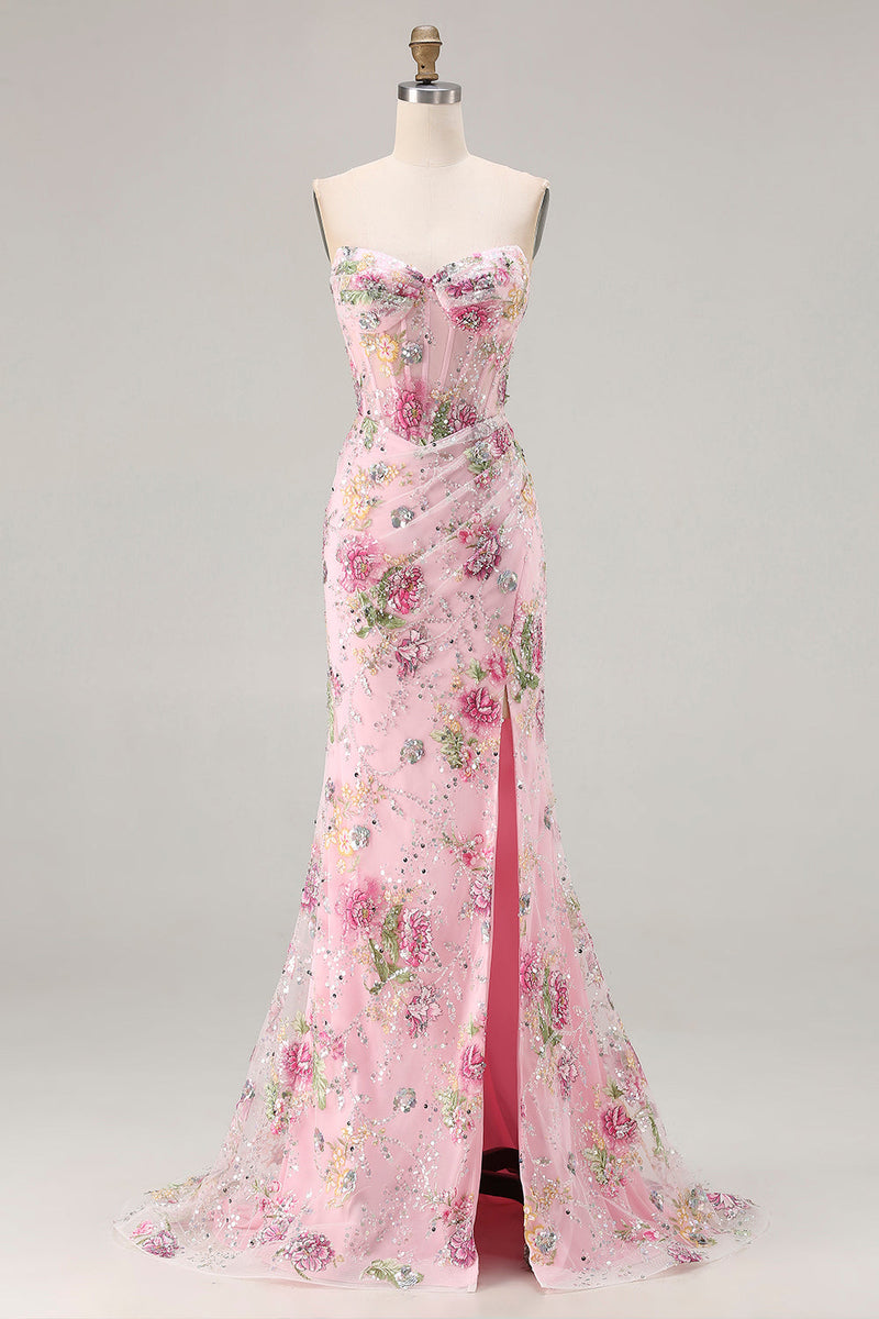 Load image into Gallery viewer, Sparkly Floral Pink Beaded Mermaid Long Corset Prom Dress with Slit