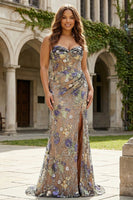 Load image into Gallery viewer, Sparkly Floral Plus Size Black Beaded Mermaid Long Corset Prom Dress with Slit