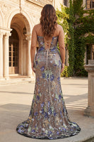 Load image into Gallery viewer, Sparkly Floral Plus Size Black Beaded Mermaid Long Corset Prom Dress with Slit