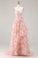 Load image into Gallery viewer, Sparkly Floral Pink Beaded A Line Corset Long Prom Dress with Ruffles