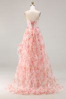 Load image into Gallery viewer, Sparkly Floral Pink Beaded A Line Corset Long Prom Dress with Ruffles