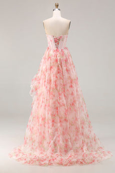 Sparkly Floral Pink Beaded A Line Corset Long Prom Dress with Ruffles