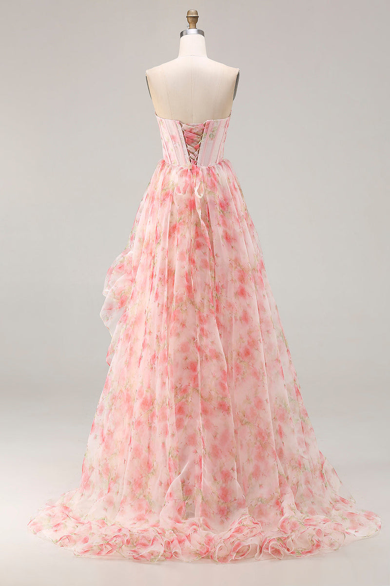Load image into Gallery viewer, Sparkly Floral Pink Beaded A Line Corset Long Prom Dress with Ruffles