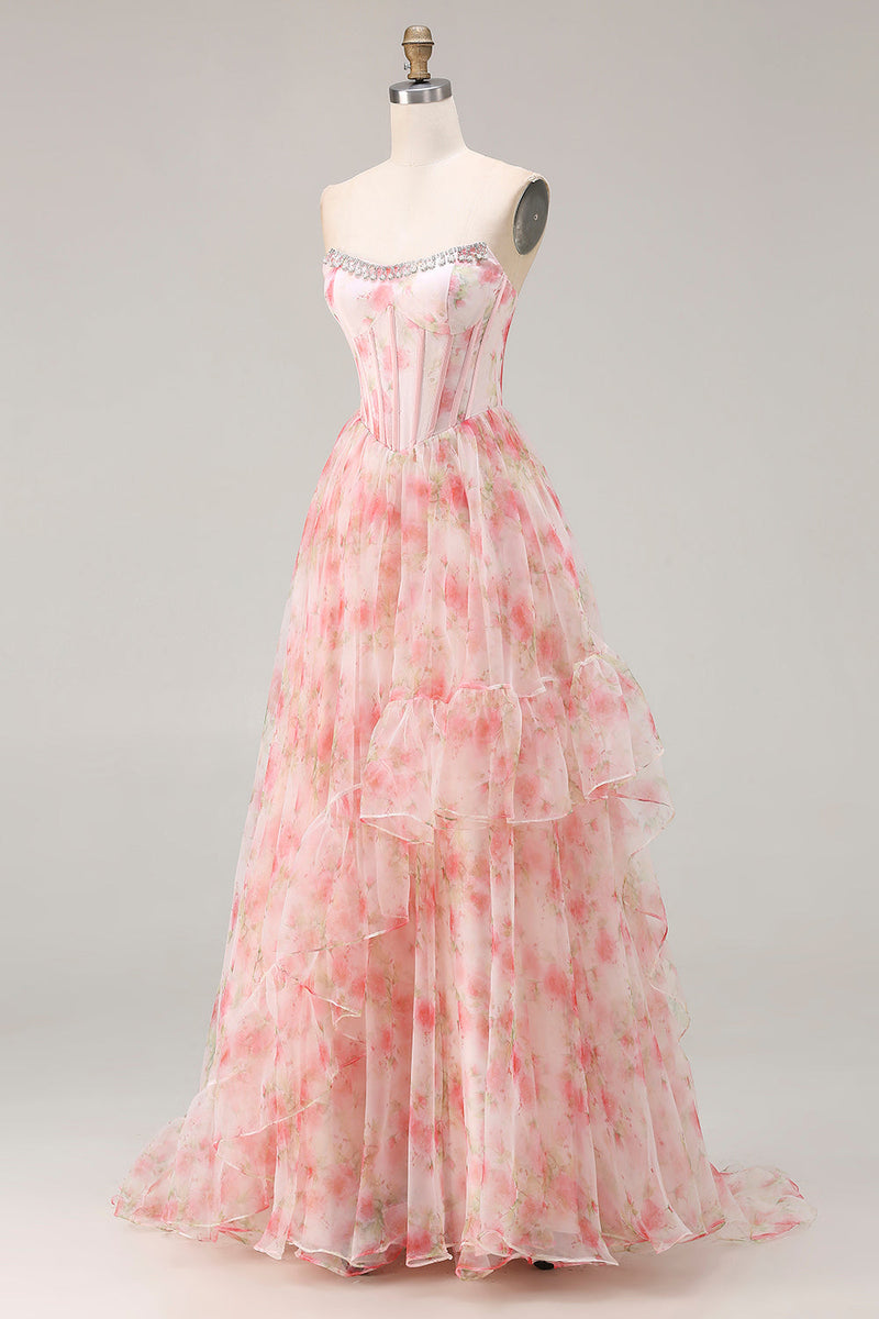 Load image into Gallery viewer, Sparkly Floral Pink Beaded A Line Corset Long Prom Dress with Ruffles