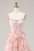 Load image into Gallery viewer, Sparkly Floral Pink Beaded A Line Corset Long Prom Dress with Ruffles
