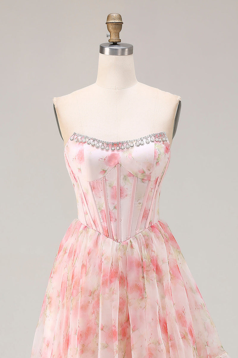 Load image into Gallery viewer, Sparkly Floral Pink Beaded A Line Corset Long Prom Dress with Ruffles