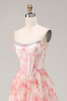 Load image into Gallery viewer, Sparkly Floral Pink Beaded A Line Corset Long Prom Dress with Ruffles