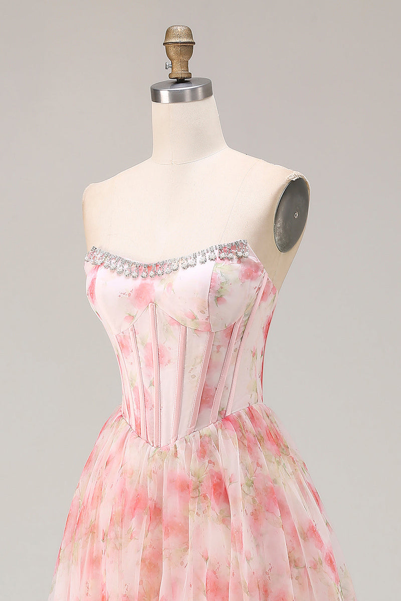 Load image into Gallery viewer, Sparkly Floral Pink Beaded A Line Corset Long Prom Dress with Ruffles