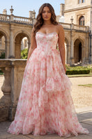 Load image into Gallery viewer, Sparkly Plus Size Floral Pink Beaded Corset A Line Long Prom Dress with Ruffles