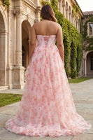Load image into Gallery viewer, Sparkly Plus Size Floral Pink Beaded Corset A Line Long Prom Dress with Ruffles