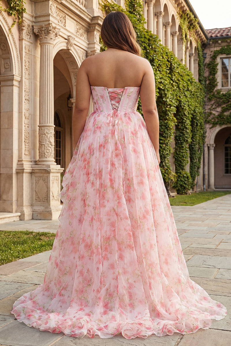 Load image into Gallery viewer, Sparkly Plus Size Floral Pink Beaded Corset A Line Long Prom Dress with Ruffles