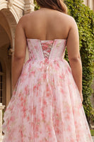 Load image into Gallery viewer, Sparkly Plus Size Floral Pink Beaded Corset A Line Long Prom Dress with Ruffles