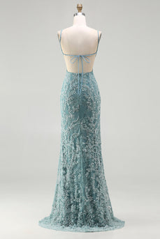 Sparkly Floral Grey Green Mermaid Long Beaded Prom Dress with Slit