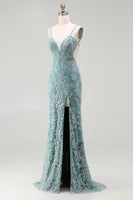 Load image into Gallery viewer, Sparkly Floral Grey Green Mermaid Long Beaded Prom Dress with Slit