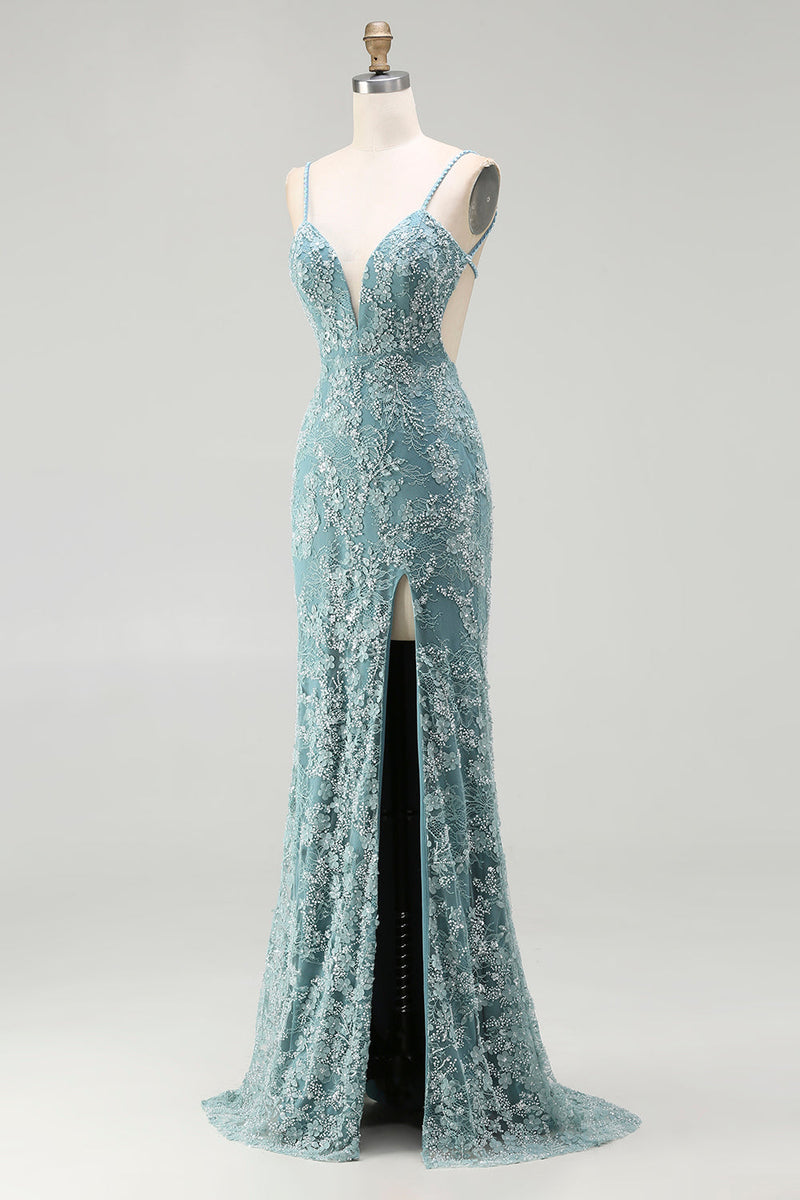 Load image into Gallery viewer, Sparkly Floral Grey Green Mermaid Long Beaded Prom Dress with Slit