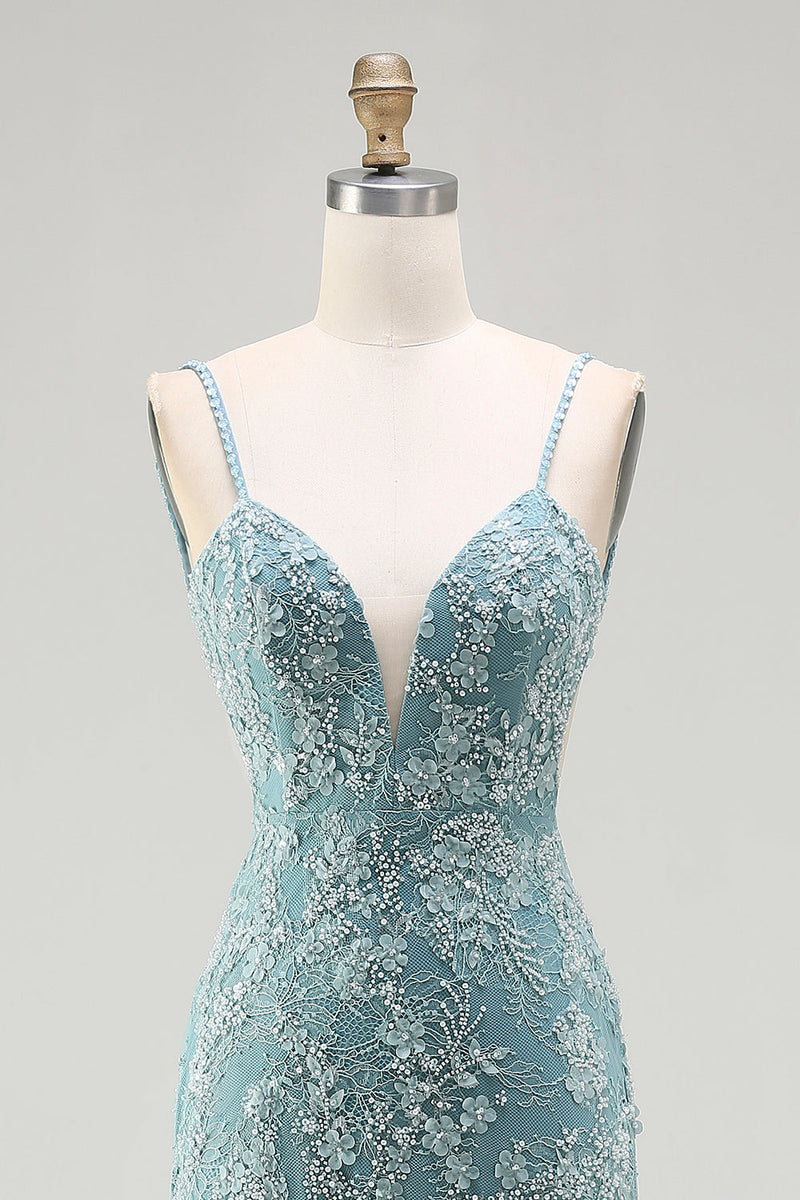 Load image into Gallery viewer, Sparkly Floral Grey Green Mermaid Long Beaded Prom Dress with Slit