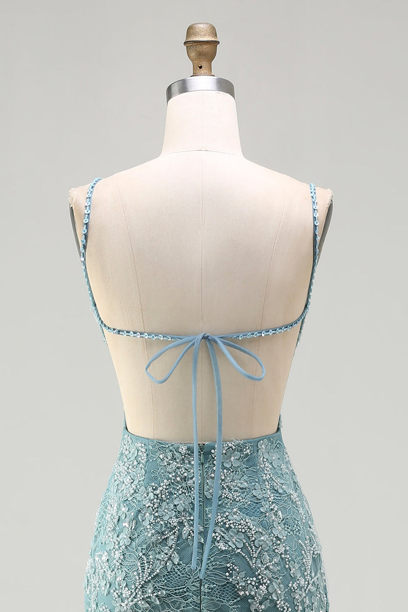 Load image into Gallery viewer, Sparkly Floral Grey Green Mermaid Long Beaded Prom Dress with Slit